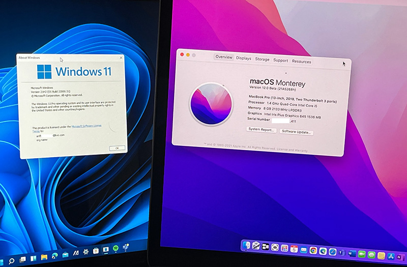 Dos computadoras portátiles una al lado de la otra. La portátil de la izquierda muestra su sistema operativo Windows, y la laptop de la derecha con sistema operativo Mac.